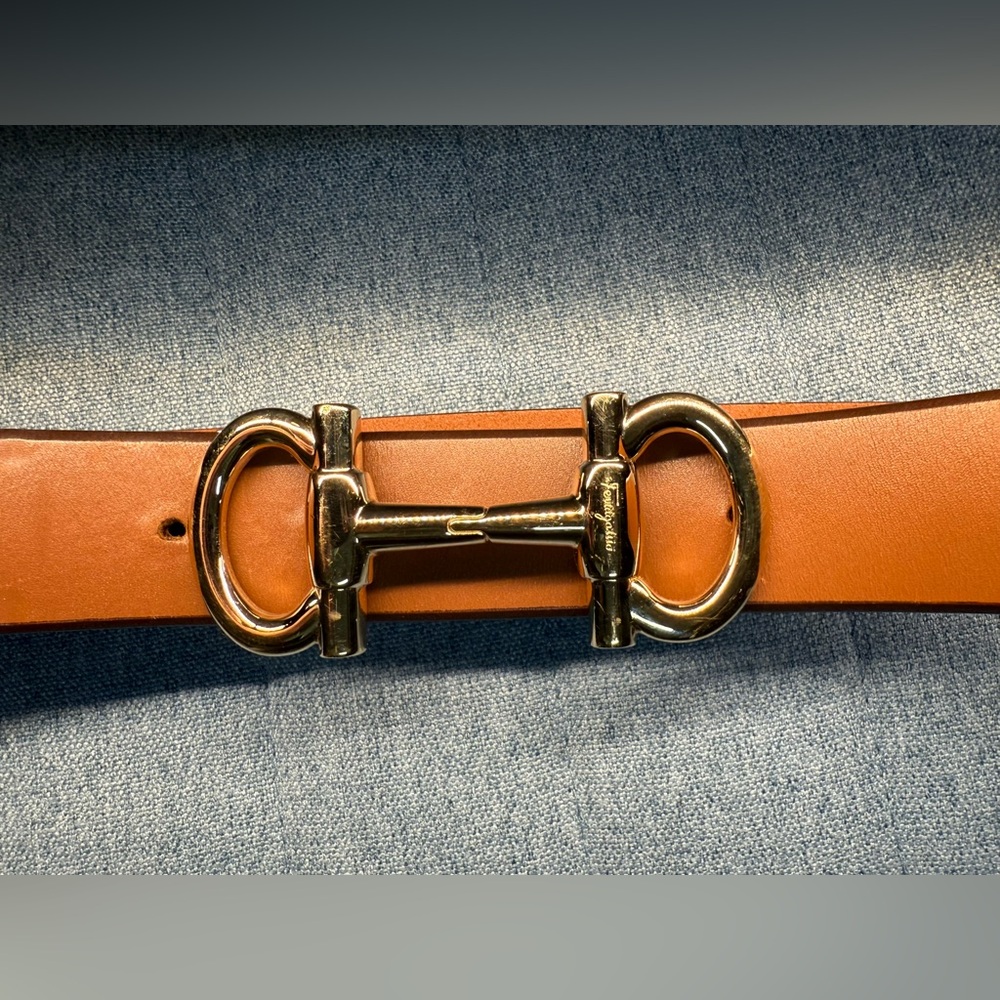 Salvatore Ferragamo Tan Leather Belt with Gold Horsebit Buckle